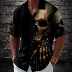 Men's Skull Skeleton Death Shirt Cuban Collar Shirt Button Up Shirt Short Sleeve Dark Gothic Style Holiday Streetwear Summer Camp Collar Shirt 3D Print Black 1 Black