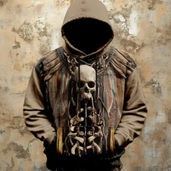 Men's Skulls Hoodies Fashion Daily Long Sleeve Crew Neck Holiday Going out Streetwear Khaki Drawstring Fall Winter Designer