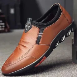 Men's Slip-On Casual Loafers – Brown Faux Leather Breathable Walking Shoes with Flexible Sole – Lightweight Fashion Sneakers for Daily Wear & Travel