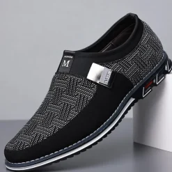 Men's Slip-On Casual Loafers – Black and Gray Patterned Breathable Shoes with Metal Buckle, Comfortable and Lightweight for Everyday Wear