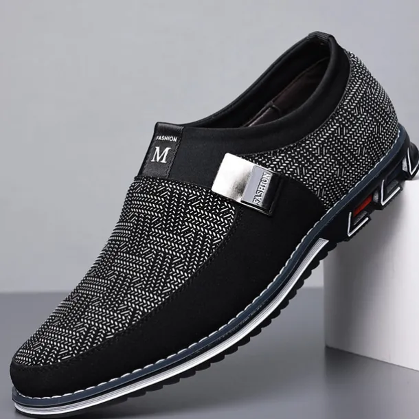 Men's Slip-On Casual Loafers – Black and Gray Patterned Breathable Shoes with Metal Buckle, Comfortable and Lightweight for Everyday Wear