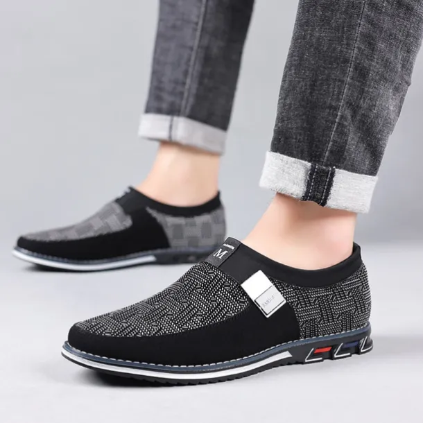 Men's Slip-On Casual Loafers – Black and Gray Patterned Breathable Shoes with Metal Buckle, Comfortable and Lightweight for Everyday Wear