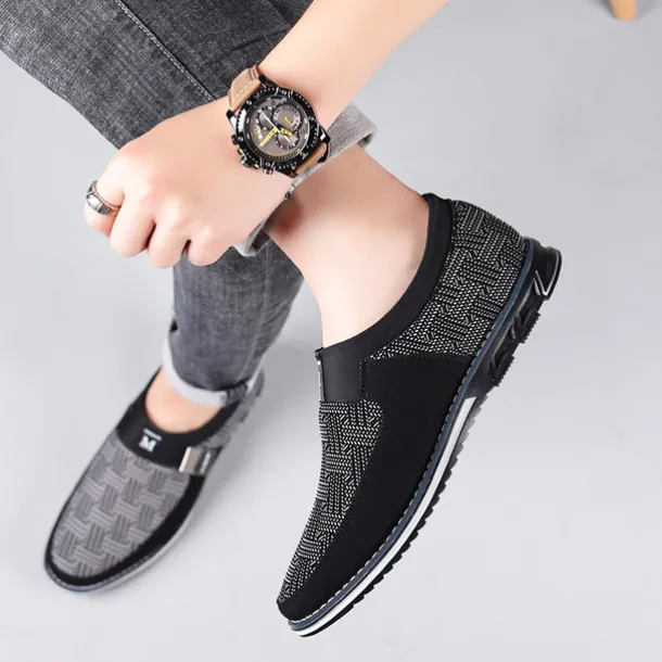 Men's Slip-On Casual Loafers – Black and Gray Patterned Breathable Shoes with Metal Buckle, Comfortable and Lightweight for Everyday Wear