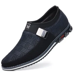 Men's Slip-On Casual Loafers – Black and Gray Patterned Breathable Shoes with Metal Buckle, Comfortable and Lightweight for Everyday Wear
