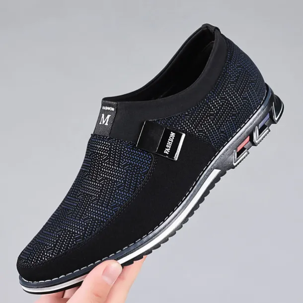 Men's Slip-On Casual Loafers – Black and Gray Patterned Breathable Shoes with Metal Buckle, Comfortable and Lightweight for Everyday Wear