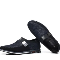 Men's Slip-On Casual Loafers – Black and Gray Patterned Breathable Shoes with Metal Buckle, Comfortable and Lightweight for Everyday Wear