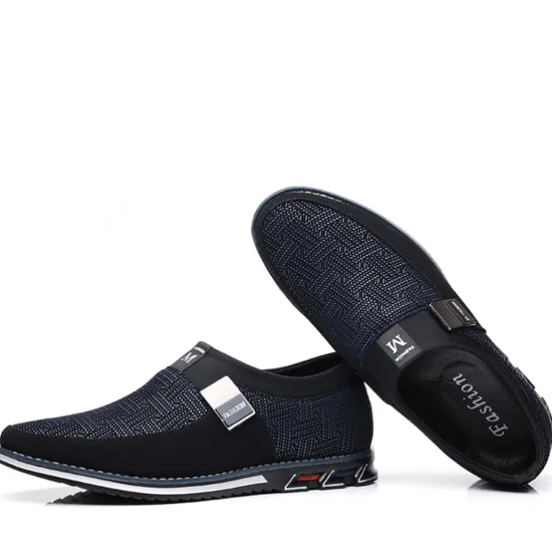 Men's Slip-On Casual Loafers – Black and Gray Patterned Breathable Shoes with Metal Buckle, Comfortable and Lightweight for Everyday Wear