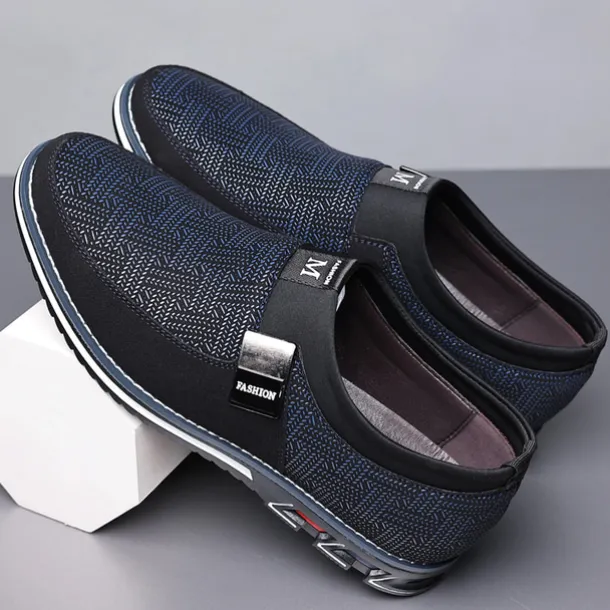 Men's Slip-On Casual Loafers – Black and Gray Patterned Breathable Shoes with Metal Buckle, Comfortable and Lightweight for Everyday Wear