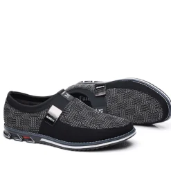 Men's Slip-On Casual Loafers – Black and Gray Patterned Breathable Shoes with Metal Buckle, Comfortable and Lightweight for Everyday Wear