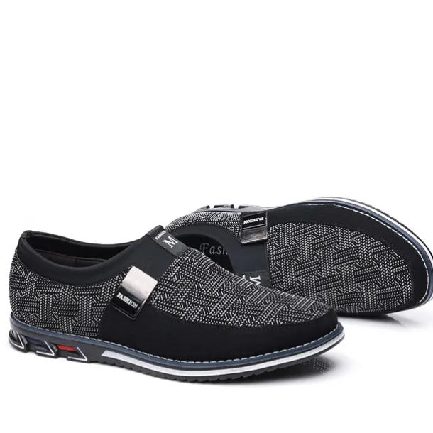Men's Slip-On Casual Loafers – Black and Gray Patterned Breathable Shoes with Metal Buckle, Comfortable and Lightweight for Everyday Wear