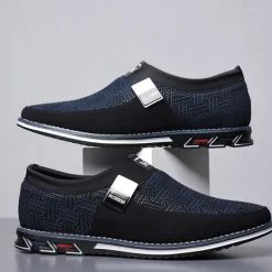 Men's Slip-On Casual Loafers – Black and Gray Patterned Breathable Shoes with Metal Buckle, Comfortable and Lightweight for Everyday Wear