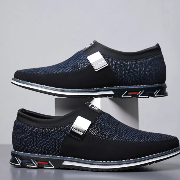 Men's Slip-On Casual Loafers – Black and Gray Patterned Breathable Shoes with Metal Buckle, Comfortable and Lightweight for Everyday Wear
