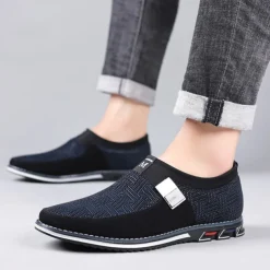 Men's Slip-On Casual Loafers – Black and Gray Patterned Breathable Shoes with Metal Buckle, Comfortable and Lightweight for Everyday Wear