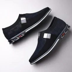 Men's Slip-On Casual Loafers – Black and Gray Patterned Breathable Shoes with Metal Buckle, Comfortable and Lightweight for Everyday Wear