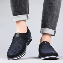 Men's Slip-On Casual Loafers – Black and Gray Patterned Breathable Shoes with Metal Buckle, Comfortable and Lightweight for Everyday Wear