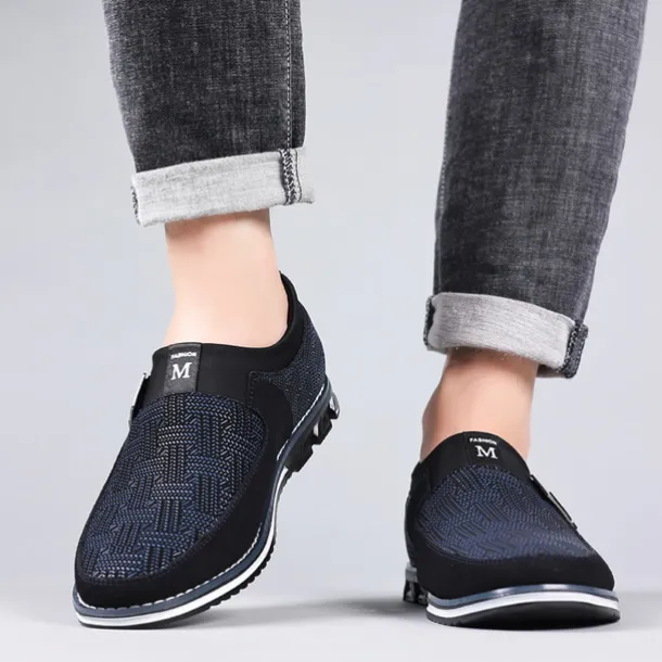 Men's Slip-On Casual Loafers – Black and Gray Patterned Breathable Shoes with Metal Buckle, Comfortable and Lightweight for Everyday Wear