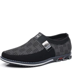 Men's Slip-On Casual Loafers – Black and Gray Patterned Breathable Shoes with Metal Buckle, Comfortable and Lightweight for Everyday Wear