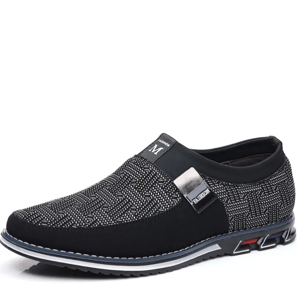 Men's Slip-On Casual Loafers – Black and Gray Patterned Breathable Shoes with Metal Buckle, Comfortable and Lightweight for Everyday Wear