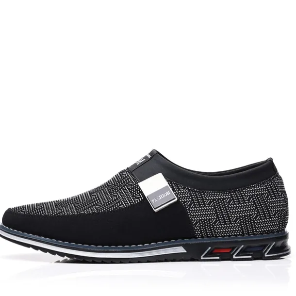 Men's Slip-On Casual Loafers – Black and Gray Patterned Breathable Shoes with Metal Buckle, Comfortable and Lightweight for Everyday Wear