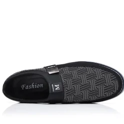 Men's Slip-On Casual Loafers – Black and Gray Patterned Breathable Shoes with Metal Buckle, Comfortable and Lightweight for Everyday Wear
