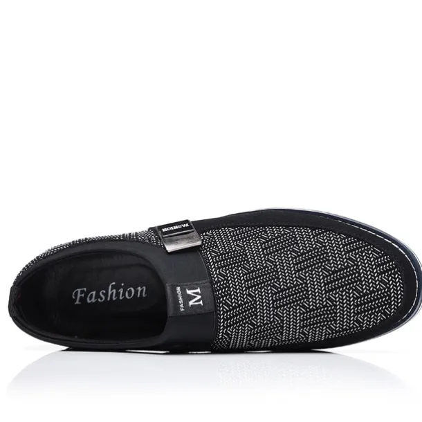Men's Slip-On Casual Loafers – Black and Gray Patterned Breathable Shoes with Metal Buckle, Comfortable and Lightweight for Everyday Wear