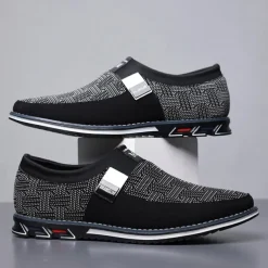 Men's Slip-On Casual Loafers – Black and Gray Patterned Breathable Shoes with Metal Buckle, Comfortable and Lightweight for Everyday Wear