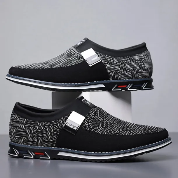 Men's Slip-On Casual Loafers – Black and Gray Patterned Breathable Shoes with Metal Buckle, Comfortable and Lightweight for Everyday Wear