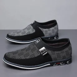 Men's Slip-On Casual Loafers – Black and Gray Patterned Breathable Shoes with Metal Buckle, Comfortable and Lightweight for Everyday Wear