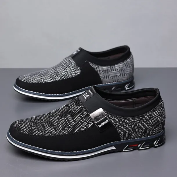 Men's Slip-On Casual Loafers – Black and Gray Patterned Breathable Shoes with Metal Buckle, Comfortable and Lightweight for Everyday Wear