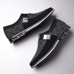 Men's Slip-On Casual Loafers – Black and Gray Patterned Breathable Shoes with Metal Buckle, Comfortable and Lightweight for Everyday Wear