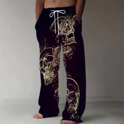 Men's Smoke Halloween Costumes Skulls Trousers Baggy Pants Casual Pants Mid Waist Dark Gothic Style Holiday Streetwear Elastic Drawstring Waist Linen-Like Pants with Pockets Summer Spring 3D Print