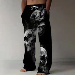 Men's Smoke Halloween Costumes Skulls Trousers Baggy Pants Casual Pants Mid Waist Dark Gothic Style Holiday Streetwear Elastic Drawstring Waist Linen-Like Pants with Pockets Summer Spring 3D Print