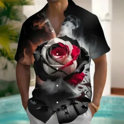 Men's Smoky Floral Print Halloween Costumes Shirt Summer Shirt Button Up Shirt Short Sleeve Vintage Retro Outdoor Vacation Dailywear Summer Spring Turndown 3D Print Collared Shirts Front One Pocket
