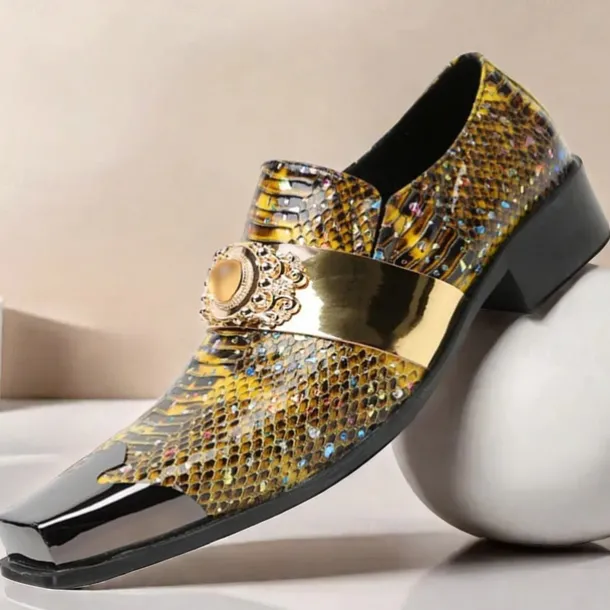 Men's Snake Print Leather Slip-On Dress Shoes with Gold Tip Gold Metal Embellishment–Premium Cowhide, Formal Party Footwear