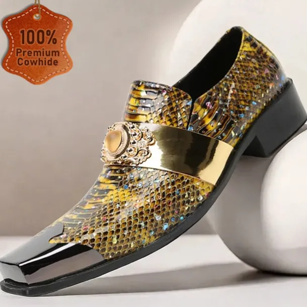 Men's Snake Print Leather Slip-On Dress Shoes with Gold Tip Gold Metal Embellishment–Premium Cowhide, Formal Party Footwear