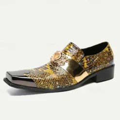Men's Snake Print Leather Slip-On Dress Shoes with Gold Tip Gold Metal Embellishment–Premium Cowhide, Formal Party Footwear