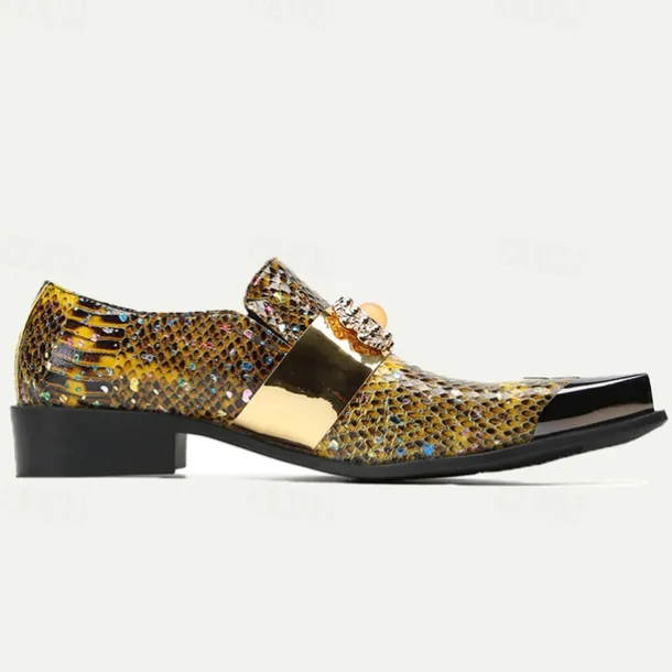 Men's Snake Print Leather Slip-On Dress Shoes with Gold Tip Gold Metal Embellishment–Premium Cowhide, Formal Party Footwear