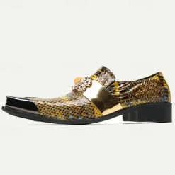 Men's Snake Print Leather Slip-On Dress Shoes with Gold Tip Gold Metal Embellishment–Premium Cowhide, Formal Party Footwear