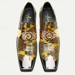 Men's Snake Print Leather Slip-On Dress Shoes with Gold Tip Gold Metal Embellishment–Premium Cowhide, Formal Party Footwear