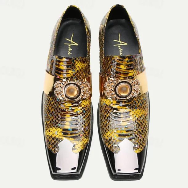 Men's Snake Print Leather Slip-On Dress Shoes with Gold Tip Gold Metal Embellishment–Premium Cowhide, Formal Party Footwear