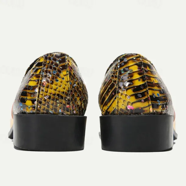 Men's Snake Print Leather Slip-On Dress Shoes with Gold Tip Gold Metal Embellishment–Premium Cowhide, Formal Party Footwear