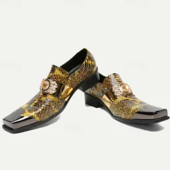 Men's Snake Print Leather Slip-On Dress Shoes with Gold Tip Gold Metal Embellishment–Premium Cowhide, Formal Party Footwear