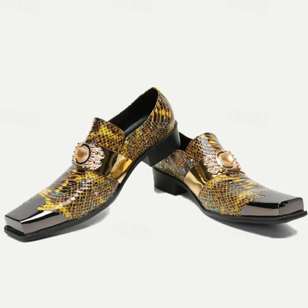 Men's Snake Print Leather Slip-On Dress Shoes with Gold Tip Gold Metal Embellishment–Premium Cowhide, Formal Party Footwear