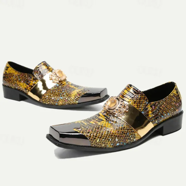 Men's Snake Print Leather Slip-On Dress Shoes with Gold Tip Gold Metal Embellishment–Premium Cowhide, Formal Party Footwear