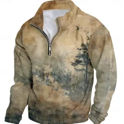 Men's Solid / Plain Color Hoodies Daily Casual Long Sleeve Stand Collar Vacation Going out Streetwear Brown Print Spring & Fall Designer