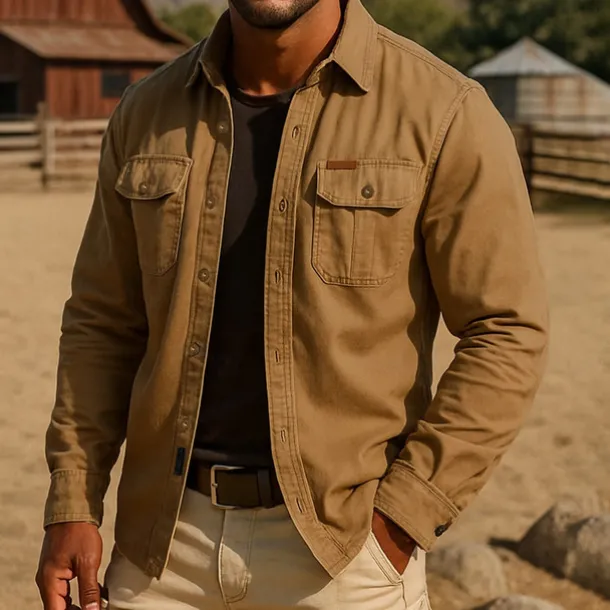 Men's Solid Color Work Shirt Western Shirt Cargo Shirt Long Sleeve Casual Tactical Sports Outdoor WorkWear Spring Fall Turndown Front Two Pockets Button Up Shirts Army Green Khaki