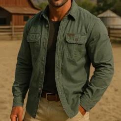 Men's Solid Color Work Shirt Western Shirt Cargo Shirt Long Sleeve Casual Tactical Sports Outdoor WorkWear Spring Fall Turndown Front Two Pockets Button Up Shirts Army Green Khaki