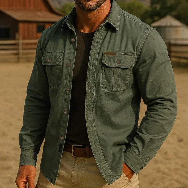 Men's Solid Color Work Shirt Western Shirt Cargo Shirt Long Sleeve Casual Tactical Sports Outdoor WorkWear Spring Fall Turndown Front Two Pockets Button Up Shirts Army Green Khaki