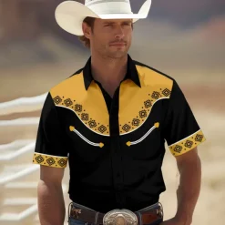 Men's Southwestern Print Shirt Western Shirt Cowboy Shirt Short Sleeve Western Style Tribal Summer Spring Shirt Collar Black Yellow Red Green