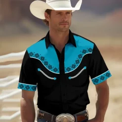 Men's Southwestern Print Shirt Western Shirt Cowboy Shirt Short Sleeve Western Style Tribal Summer Spring Shirt Collar Black Yellow Red Green